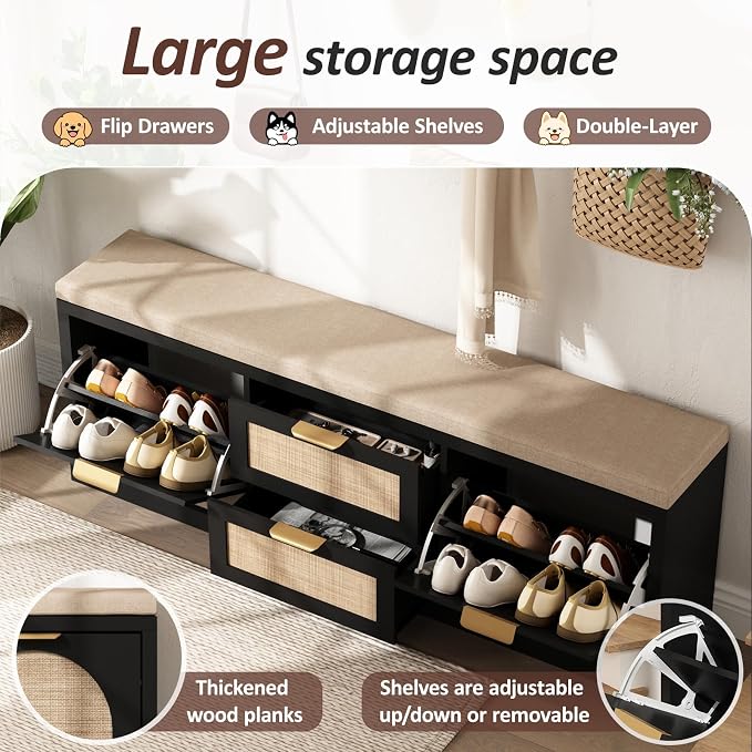 Rattan Narrow Entryway Bench with Shoe Storage, 4 Drawers & Coat Rack, Mid-Century Modern Wood Shoe Cabinet with Seat Cushion for Foyer/Hallway (Black)