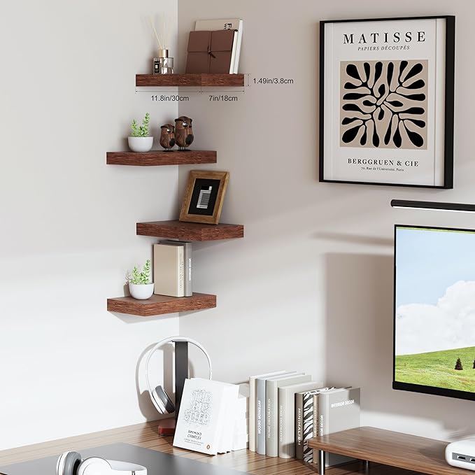 Floating Shelves for Wall, Bathroom Shelves Over Toilet, Wall Shelves & Book Shelf, Hanging Shelf, Modern Wooden Wall-Mounted Small Floating Shelves, 12x7x1.5 in (Walnut-Like, Set of 2)