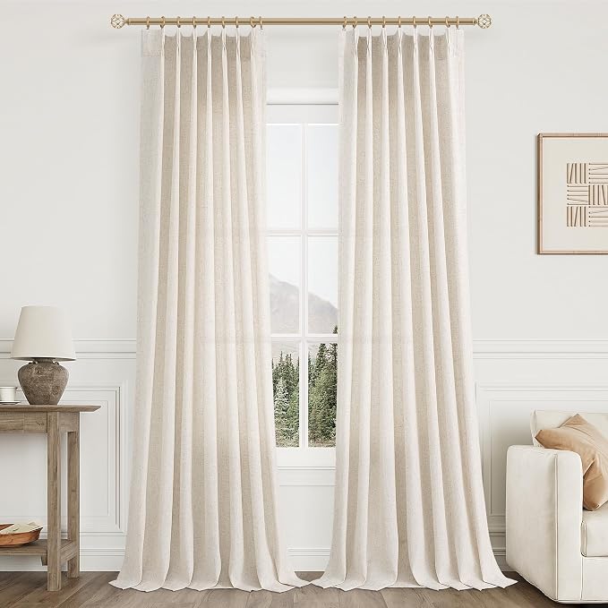 Aersas Natural Cream Pinch Pleated Linen Curtains 100 Inches Long for Living Room Bedroom Pinch Pleat with Hooks for Track Back Tab Boho Farmhouse Semi Sheer 100 Inch Curtain for Dining Room