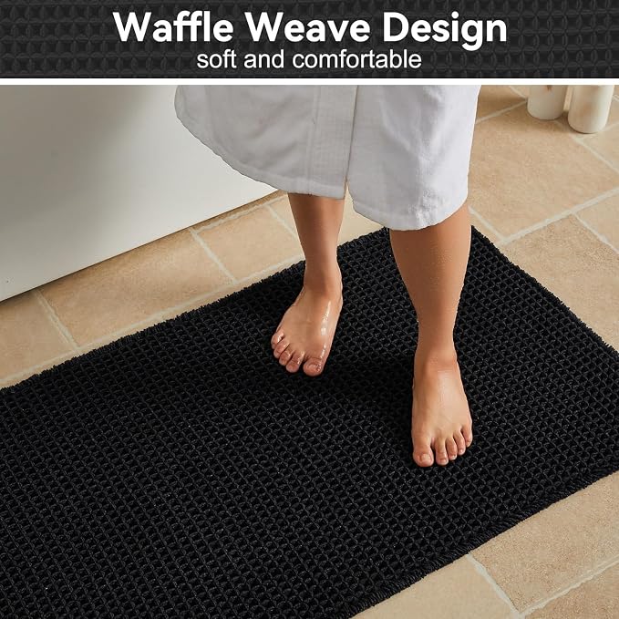 Triohero Waffle Bath Mat, Boho Bathroom Rugs Non Slip Washable, Ultra Soft Super Absorbent Quick Dry Farmhouse Bathroom Decor, 20" x 30", Black