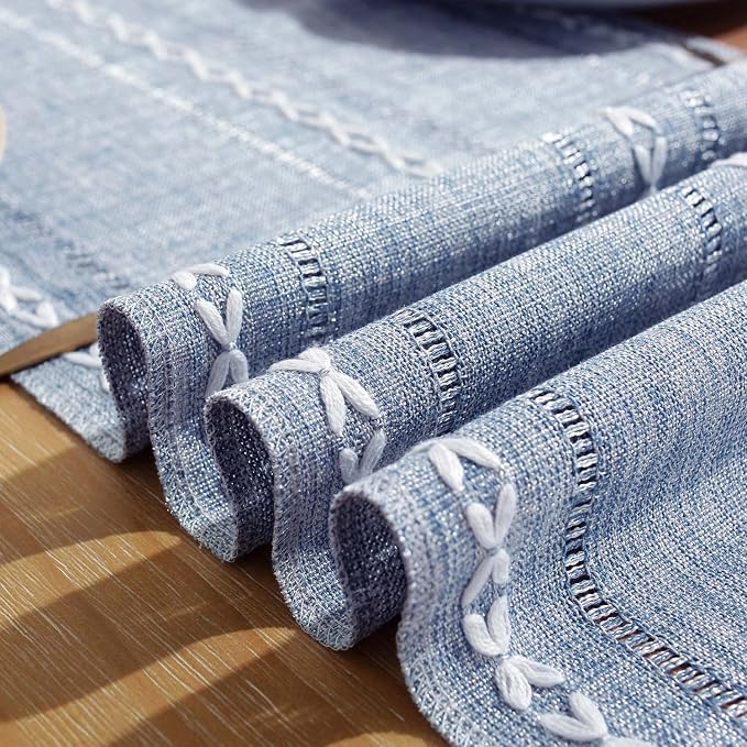 Yicorgard Farmhouse Table Runner Rustic Style 13“ x 72”, Braided Striped Linen Rustic Table Runner 72 Inches Long with Tassels for Dining Room Kitchen Reading Dresser Décor,Blue