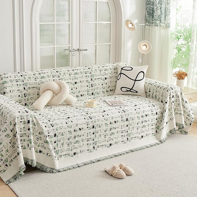 DREAMINGO Abstract Chenille Couch Cover Blanket Beige Green Black Boho Sofa Cover, Washable Furniture Protector, Universal Slipcover for Couch, Geometric Brushstroke Jacquard, Large 71"x118"
