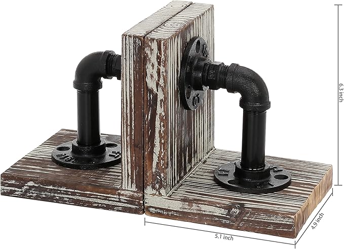 MyGift Decorative Bookends, Office Book Ends for Shelf, Book Holder L-Shaped Stand Desktop, Solid Torched Wood with Realistic Industrial Pipe Design