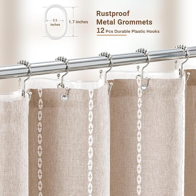 BTTN 3 in 1 Shower Curtain with Liner, 90 Inch Extra Long Boho Linen Striped Cloth Shower Curtain Set with Hook, Tall Rustic Hotel Luxury Waterproof Fabric Shower Curtain for Bathroom, Taupe, 72x90