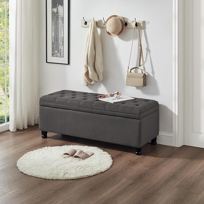 Upholstered Modern Upholstered Storage Ottoman Bench with Arms, 45" End of Bed Bench for Entryway, Bedroom, Living Room,Dark Grey