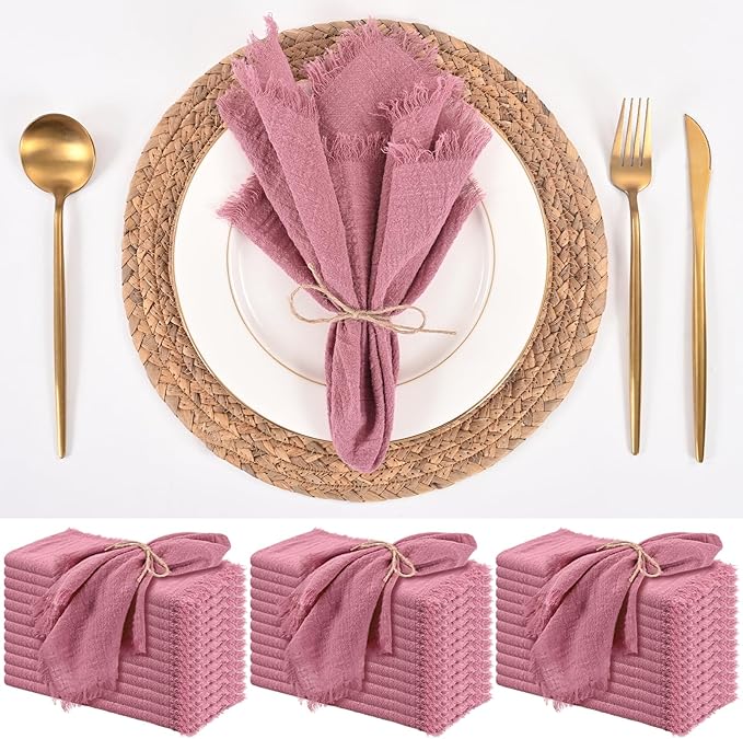 36 Pack Dusty Rose Handmade Cloth Napkins 16 x 16 Inch Cotton Linen Napkins with Fringe, Washable and Reusable Napkins, Soft Rustic Boho Fringe Cloth Napkins for Dinners,Parties, Wedding