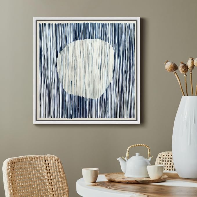 SIGNFORD Framed Canvas Print Wall Art Blue Line Pattern with White Circle Illustrations Modern Art Relax/Calm Warm for Living Room, Bedroom, Office - 24"x24" WHITE