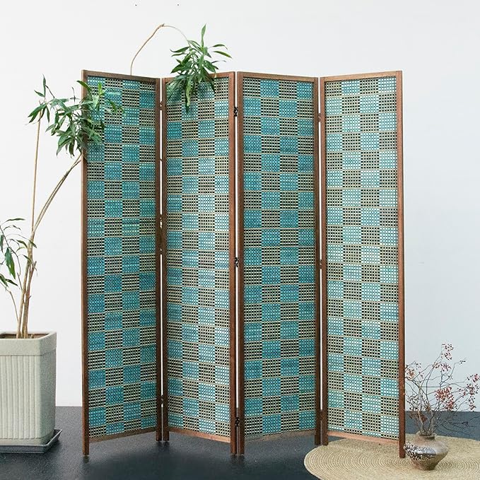 Furnnylane 4 Panel Room Divider Screen and Folding Panel Screen,Double Sided Bamboo Divider for Room Separation,Blue Square,67" H x 63" W