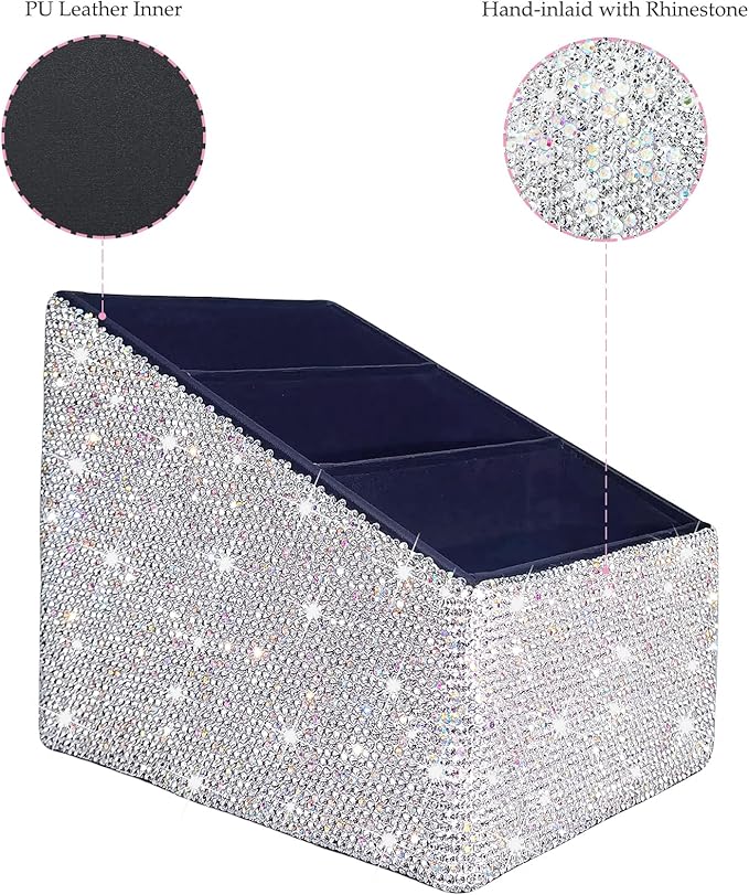 Bling Remote Control Holder with 3 Compartments, Rhinestone Storage Rack for Media Player, Heater Controllers Cosmetics Office, Decorative Desk Organizer Caddy,Diamond Nightstand Organizer for Women