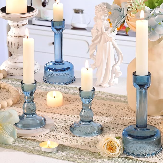 Lanttu Glass Candlestick Holders Set of 6 Blue Taper Candle Holder Bulk Crystal Candle Holders for Wedding, Table Centerpiece, Home Decoration
