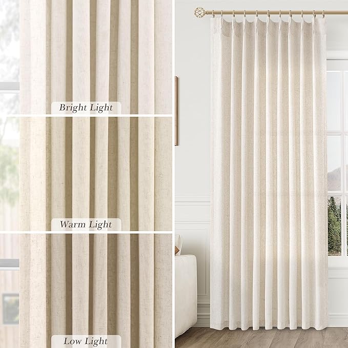 Aersas Natural Pinch Pleat Linen Curtains 138 Inch Length 2 Panels Set for Bedroom Dining Room Semi Sheer Linen Boho Farmhouse Neutral Window Curtains for Living Room Nursery Natural Cream 50x138