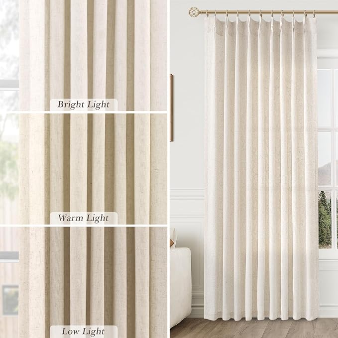 Aersas Natural Pinch Pleat Linen Curtains 136 Inch Length 2 Panels Set for Bedroom Dining Room Semi Sheer Linen Boho Farmhouse Neutral Window Curtains for Living Room Nursery Natural Cream 50x136