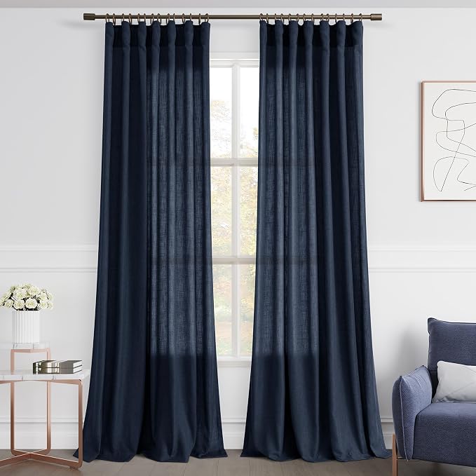 Joywell Linen Curtains 96 Inches Length Long Rod Pocket/Back Tab/Hook Belt/Clip Rings Semi Sheer Window Curtains Boho Farmhouse Drapes for Bedroom Living Room 2 Panels Set,52x96,Navy Blue