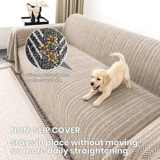 Chenille Couch Cover for Sofa Non Slip Cover Washable Pet Scratch Couch Covers Tassel Sofa Slipcover for 3 Cushion Couch Furniture Protector Blanket for Living Room,Camel Brown 91"x150"