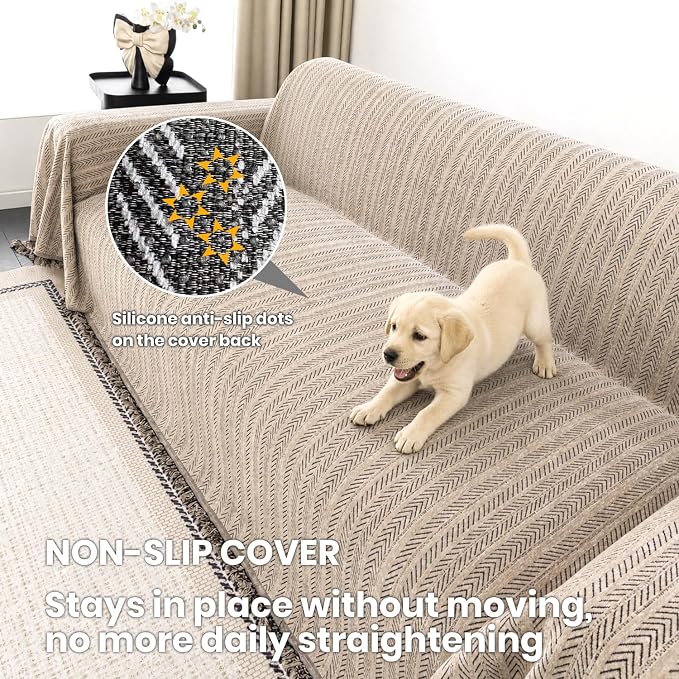 Chenille Couch Cover for Sofa Non Slip Cover Washable Pet Scratch Couch Covers Tassel Sofa Slipcover for 3 Cushion Couch Furniture Protector Blanket for Living Room,Camel Brown 71"x150"