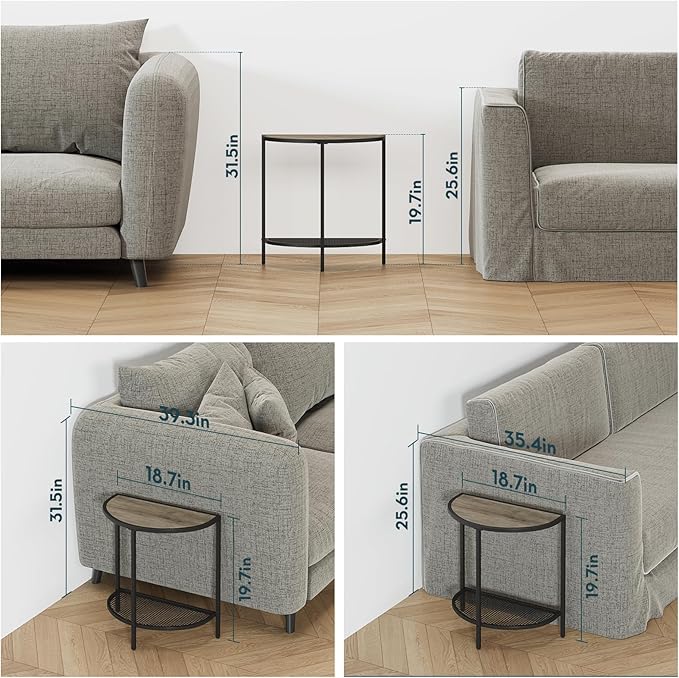 SAYGOER Small Half Moon Side Table 19.7'' Bed Night Stand 18.7"*10.4" Gray End Tables for Living Bed Room 2 Tier Faux Wood Couch Tables with Storage Shelf Adjustable Feet, Rustic Gray