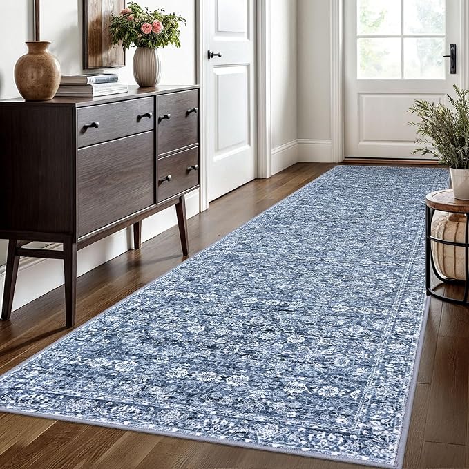 SIILOOM 3x10 Washable Runner Rug for Kitchen, Blue Soft Classic Runner with Non-Slip, Non-Shedding Distressed Floral Rug for Hallways Entryway Bedroom Bathroom Laundry Indoor