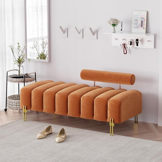 Modern Bed Bench with Adjustable Back, 52.2" Channel Tufted Velvet Ottoman for Bedroom, Living Room, Entryway, Orange