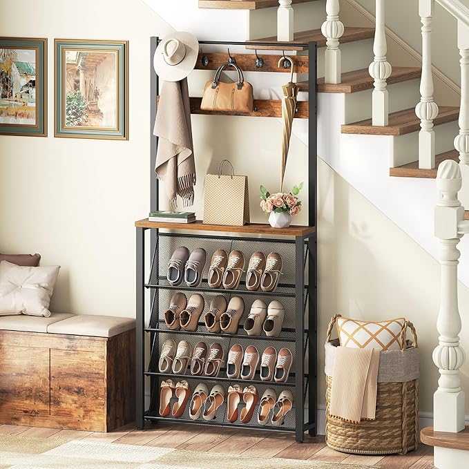 HOOBRO Hall Tree with Bench, Narrow Shoe Rack with Coat Rack, Coat Rack with Shoe Storage, 5 Tier Slanted Shoe Storage Organizer, Coat and Shoe Rack Entryway, Slim Hall Tree, Rustic Brown BF20MT01