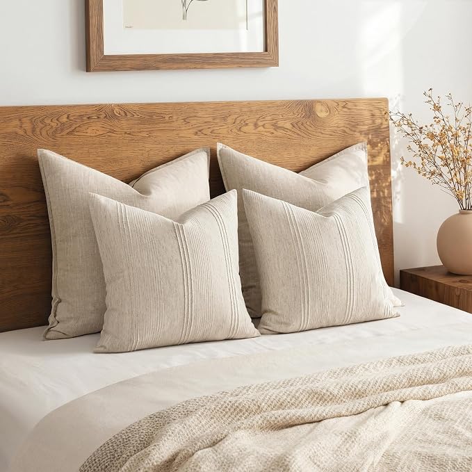 MIULEE Striped Euro Sham Pillow Covers 24x24 Decorative Textured Throw Pillow Covers Pack of 2 Linen Cushion Cases for Couch Bed Sofa Livingroom Farmhouse Home Decor, Beige