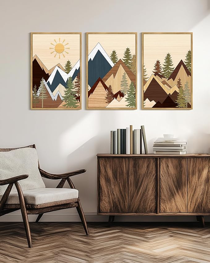 PHOPAGO Mountains Framed Wall Art Large 24x36in Morden Boho Woodcut Pine Tree Forest Nature Landscape Artwork Bohemain Farmhouse Bedroom Rustic Home Decor - Natural Framed