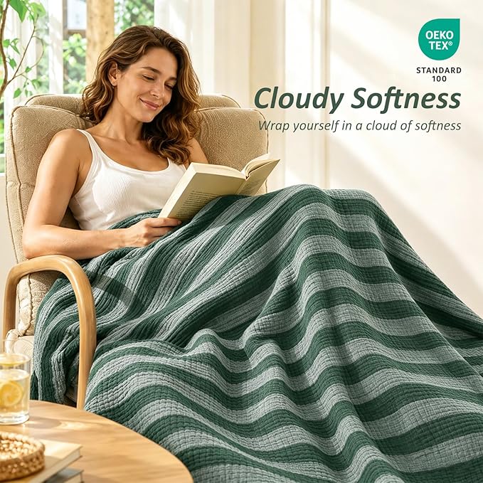 EMME Cotton Muslin Large Throw Blanket Couch 4-Layer Breathable Gauze Soft Lightweight Bed Blankets Adults (Striped Forest Green, 50"x71")