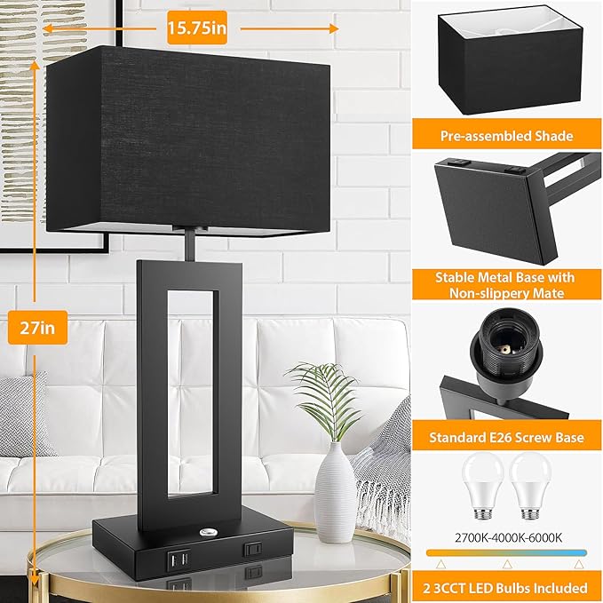 27.2’’ Tall Black Table Lamps for Living Room Bedroom, Bedside Touch Control Lamps with 2 USB Ports&AC Outlet, 3 Color Temp.&Stepless Dimming Desk Lamp Sets for Home Office, Pre-assembled Black Shade