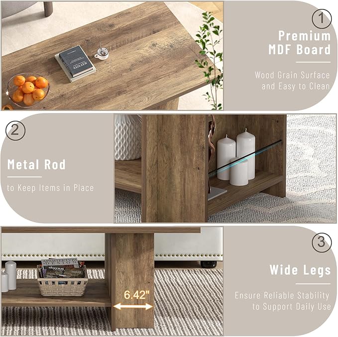 FOLUBAN Wood Coffee Table, Modern Center Table for Living Room with Bottom Storage Shelf & Side Shelves, 2-Tier Rectangle Cocktail Tea Table for Home Decor, 47 Inch, Rustic Oak