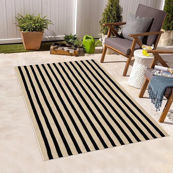 Outdoor Striped Rugs 3'x5', Black and Tan Cotton Hand Woven Front Door Mat,Washable Reversible Front Porch Rug, Foldable Layered Door Mats for Entryway/Home Entrance/Farmhouse