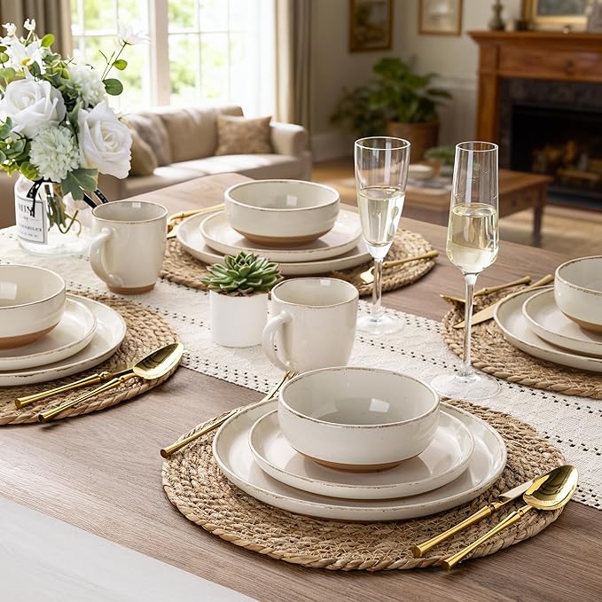 AmorArc Dinnerware Sets with Pasta Bowls for 6, Handpainted Stoneware Plates and Bowls Set with Rustic Terracotta Underside, Scratch Resistant Dishes Set, Dishwasher & Microwave Safe, 24 Pcs