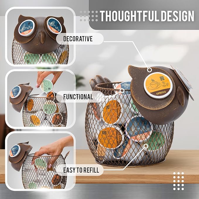 Made Easy Kit Coffee Pod Basket Organizer Practical Decoration - Compatible with Keurig K-Cup Pods & Capsules - Home Cafe Bar Decor Useful Kitchen Countertop Freestanding (Owl Vintage)