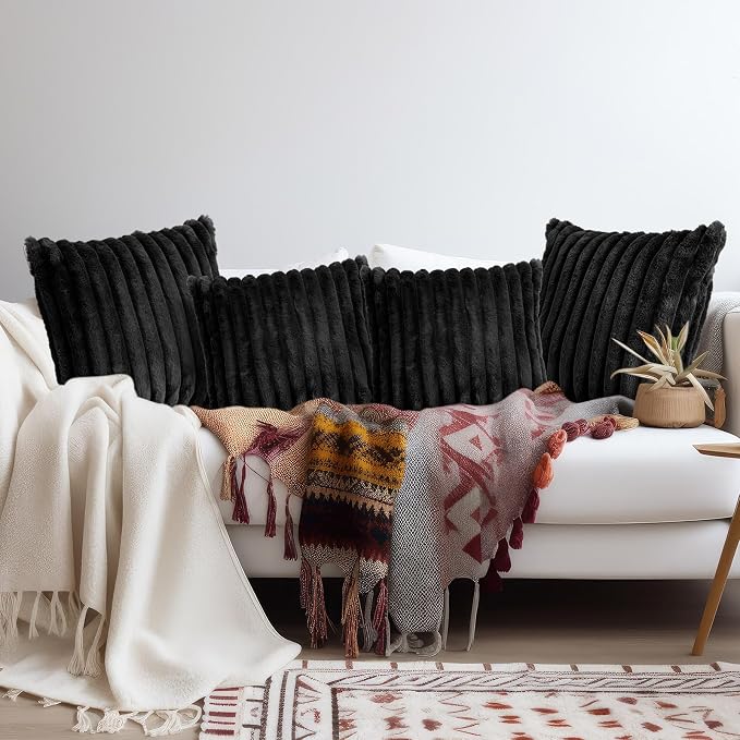 VitalCozy Throw Pillow Covers Set of 6 18x18 Decorative Neutral Couch Throw Pillow Covers Faux Fur Pillowcase Soft Velvet Farmhouse Boho Striped Decor for Bed, Sofa(Black)