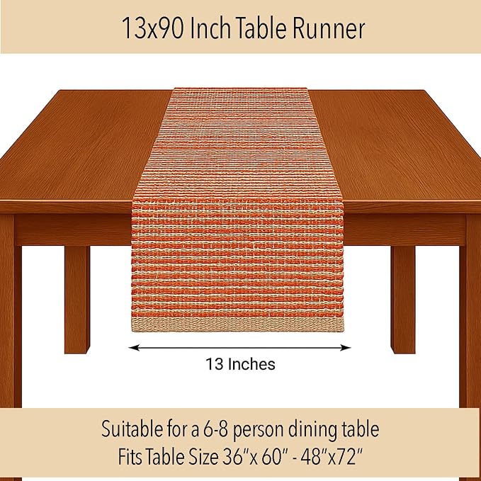 Chardin home Natural Jute Table Runner 13x90 Inch – Vintage Boho Rustic Table Decor – Handwoven Table Runner in Natural Jute and Rust Orange – Farmhouse Dining or Console Table Accent