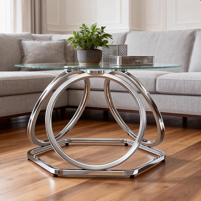O&K FURNITURE Glass Coffee Table, Modern Silver Coffee Table Living Room Table with Hexagonal Base, Round Coffee Table for Home&Office, Chrome Finish, 1 PC