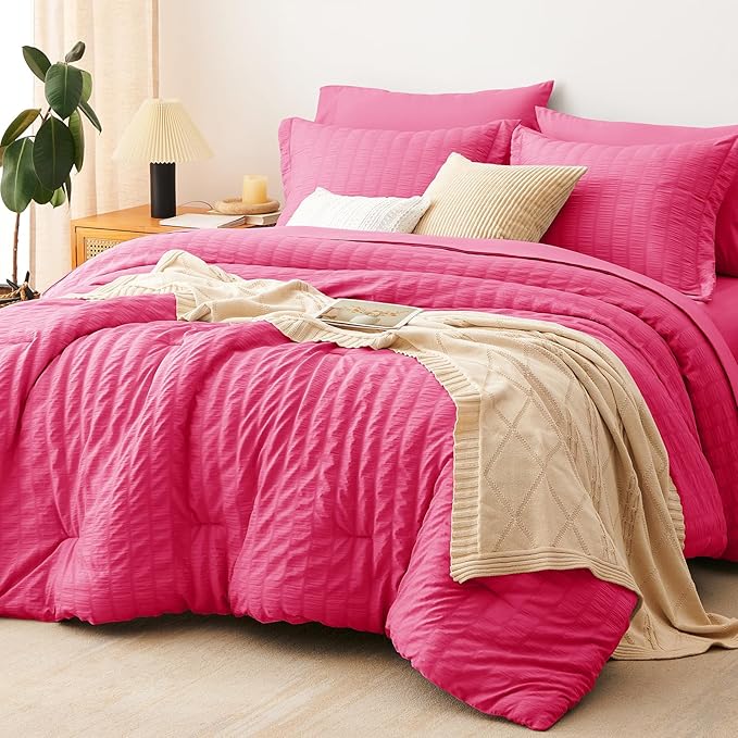 CozyLux Queen Comforter Set Hot Pink Seersucker 7 Pieces Bed in a Bag Queen Comforter Set with Sheets, Luxury Soft Bedding Set with Down Alternative Comforter, Sheets, Pillowcases & Shams All Seasons
