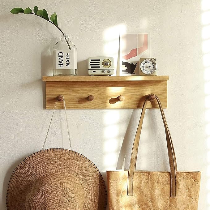 Entrance Coat Rack ，Coat Hooks, Wall-Mounted Wooden Hook Rack, Wall-Mounted Shelves(Oak Color Finish—A-2)