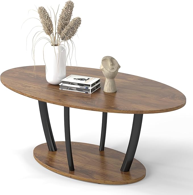 Manora Rustic Small Oval Coffee Table for Living Room, Narrow Wood Center Table with Shelf, Retro Style Coffee Table with Curved Metal Legs, Stable and Easy Assembly, Rusric Brown