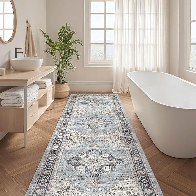 Runner Rug Kitchen Washable Rugs: 3x8 Non-Slip Boho Vintage Distressed Stain Resistant Indoor Neutral Farmhouse Throw Carpet for Hallway Bathroom Laundry Room Entryway Bedroom- Blue Tan