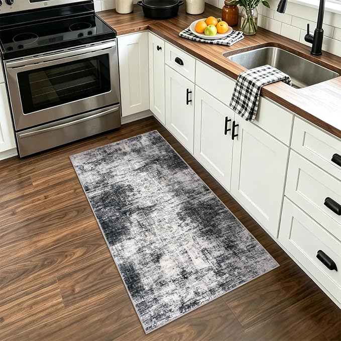 IOHOUZE Abstract Runner Rug 2x4 Ft Entryway Rugs Washable Door Mat Indoor Entrance, Rubber Backed Entryway Runners, Printed Faux Wool Non Slip Floor Carpet for Foyer Front Door Sink, Black Grey