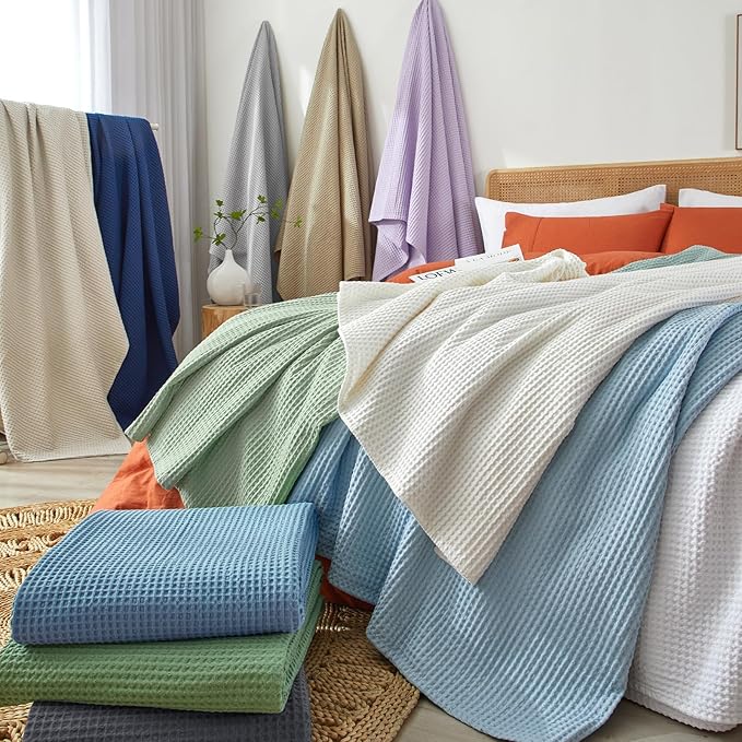 PHF Pre-Washed 100% Cotton Waffle Weave Blanket Queen Size for Bed,Snag Proof Throw Blanket for Couch Spring Summer Lightweight Breathable,Machine Washable, Home Decor Gift - Cream