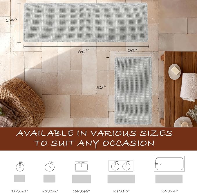 DWCN Set of 2 Waffle Boho Bathroom Mats, Non Slip Bath Rug Set for Bathroom Floor, Super Absorbent Shower Mats for Tub, Washable Kitchen Rugs for Farmhouse Home Decor, 20" x 32" Plus 24" x 60", Grey