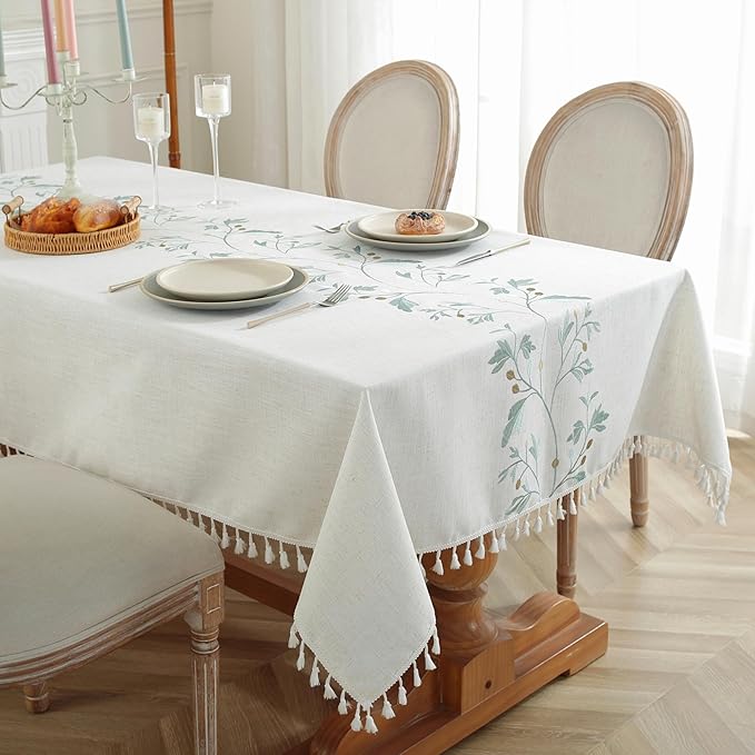 JIALE Rectangle Table Cloth, Heavy Duty Cotton Linen Waterproof Tablecloths Farmhouse Tablecloth, Soft and Wrinkle Free Table Cover with Tassels, Green Flowers, 55''x102''