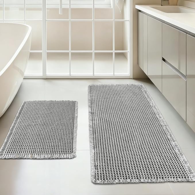 Waffle Bath Mat Set of 2, Non Slip Waffle Rugs for Bathroom, Super Absorbent & Quick Dry Soft Shower Mat for Bathroom & Kitchen Floor, Machine Washable Bath Rugs (Grey)