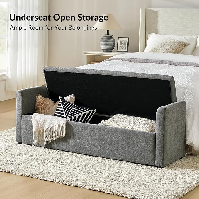 HULALA HOME 59" Storage Bench with 2 Throw Pillows, Modern Long Bedroom Bench for End of Bed, Comfy Upholstered Footstool for Entryway Living Room, Charcoal