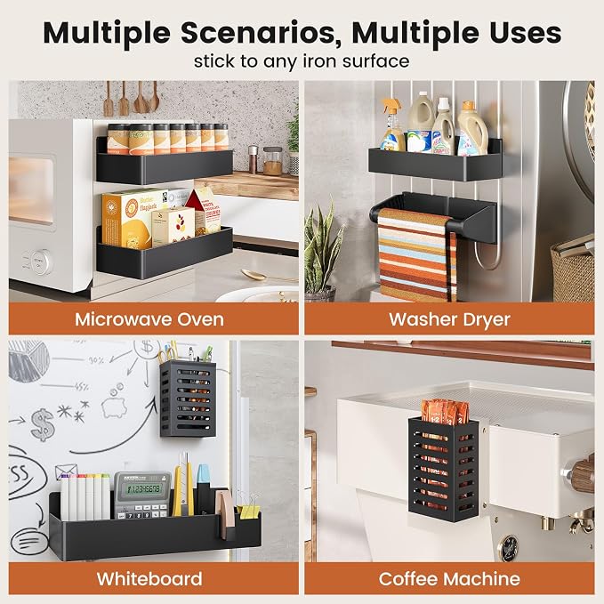 Magnetic Spice Rack for Refrigerator,4 Pack Magnetic Shelf,Fridge Magnet Organizer with Paper Towel Holder and Utensils Racks,Fridge Organizers and Storage Black(4 Pack)