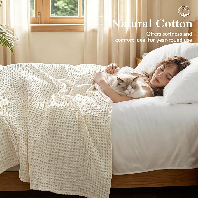 Exclusivo Mezcla Pre-Washed 100% Cotton Waffle Throw Blanket for Couch, 330GSM Lightweight Breathable Summer Blankets, Soft and Cozy, Room Decor, 50x60 Inches