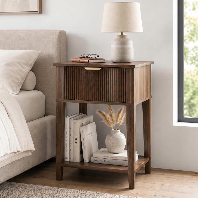 Modern Fluted Small Wood Nightstand, 11.8" Deep x 15.4" Narrow Bedside Table with Drawer & Open Shelf, Mid-Century Rustic Accent End Table for Bedroom & Sofa - Walnut