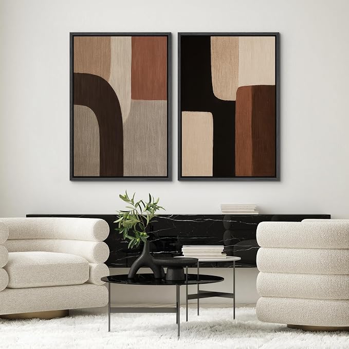 SIGNWIN Framed Canvas Print Wall Art Set Warm Neutral Abstract Geometric Brown Beige Illustrations Modern Art Minimal Boho Relax/Calm for Living Room, Bedroom, Office - 16"x24"x2 BLACK