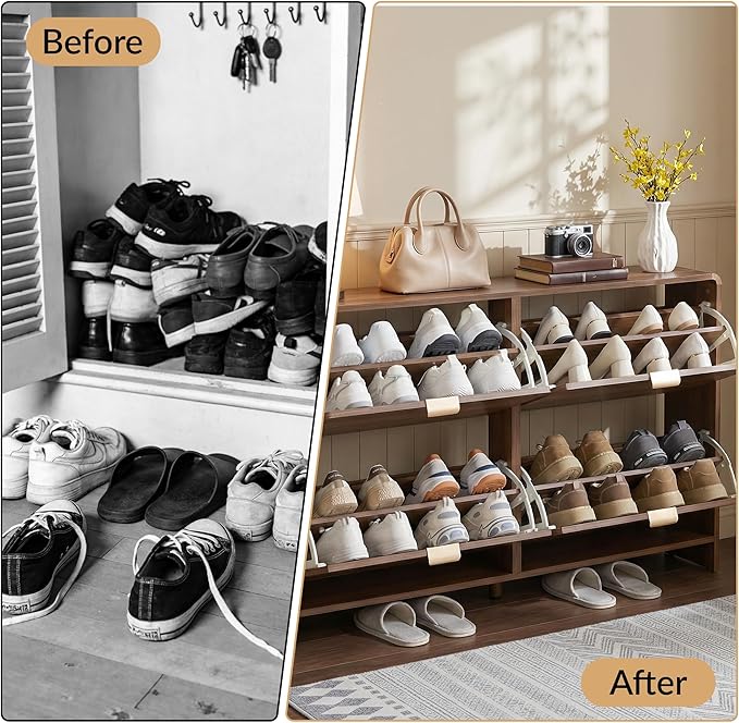 Shoe Storage Cabinet for Entryway with 4 Flip Drawers, Narrow Shoe Rack Organizer, Slim Freestanding Wood Hidden Shoe Cabinet with Adjustable Shelf for Hallway, Living Room (Walnut, 47.24'')
