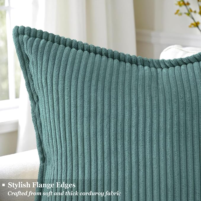 decorUhome Summer Corduroy Turquoise Throw Pillow Covers 18x18 Set of 2 Decorative Soft Boho Farmhouse Couch Pillow Covers for Living Room Bed Sofa Broadside Striped Pillow Cases